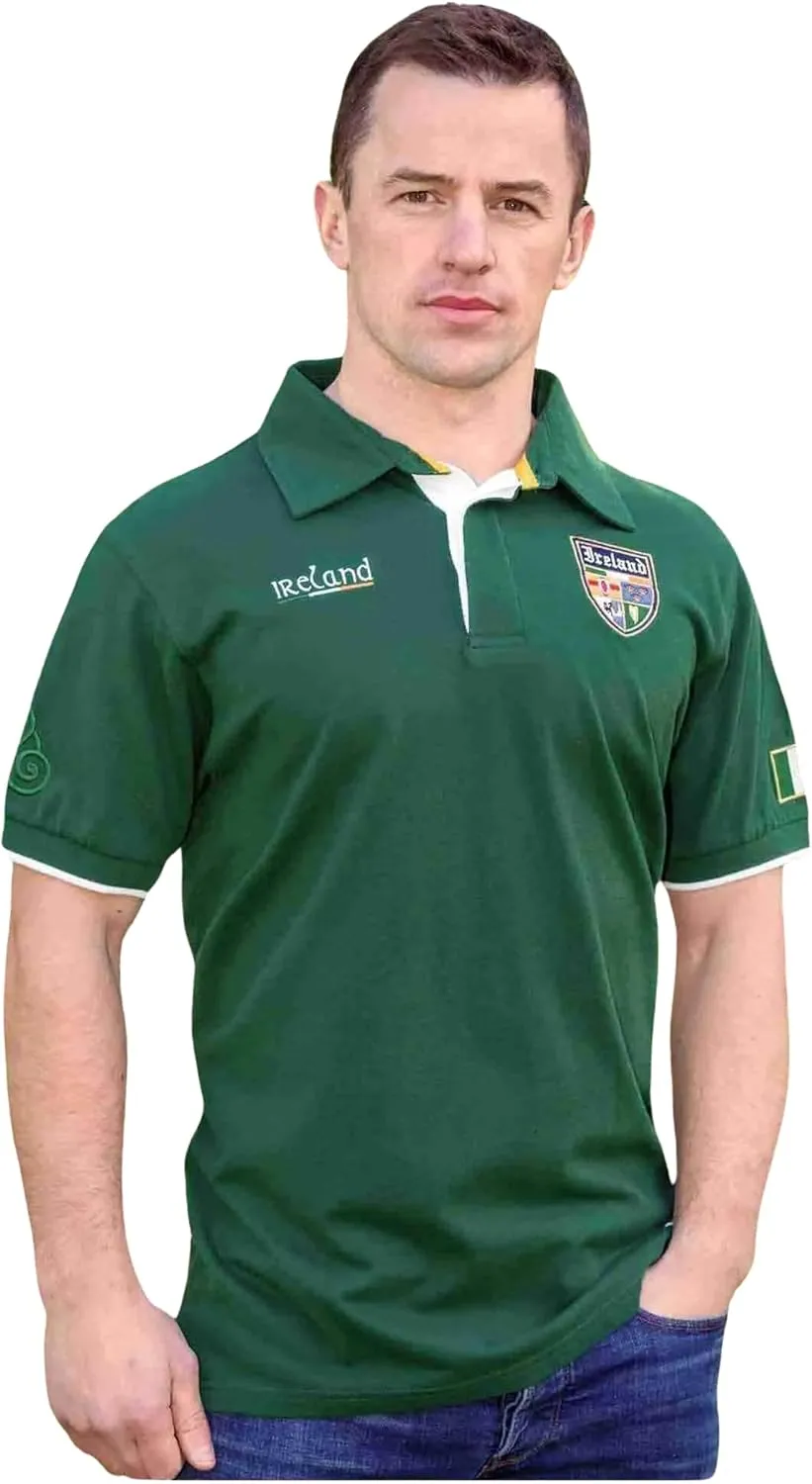 Men's Polo Shirts Embroidered Crest, Adjustable Button Closure, 100% Cotton, Made in Ireland