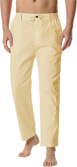 Mens Slim Fit Cotton Linen Pants Straight Leg Elastic Waist Classic Chino Pants Lightweight Beach Yoga Trousers with Pockets
