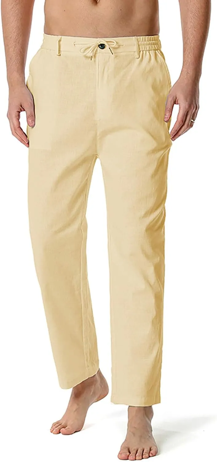 Mens Slim Fit Cotton Linen Pants Straight Leg Elastic Waist Classic Chino Pants Lightweight Beach Yoga Trousers with Pockets