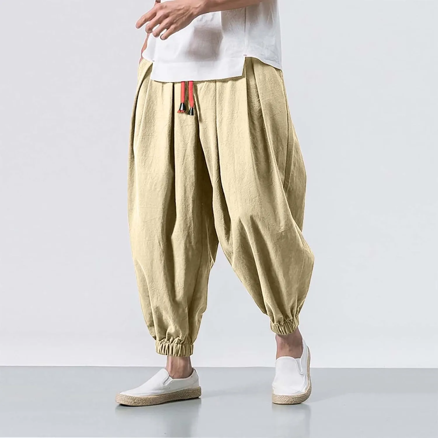 Mens Wide Leg Harem Linen Cotton Pants Japanese Loose Fit Pants Casual Baggy Elastic Waist Trouser Streetwear