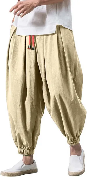 Mens Wide Leg Harem Linen Cotton Pants Japanese Loose Fit Pants Casual Baggy Elastic Waist Trouser Streetwear