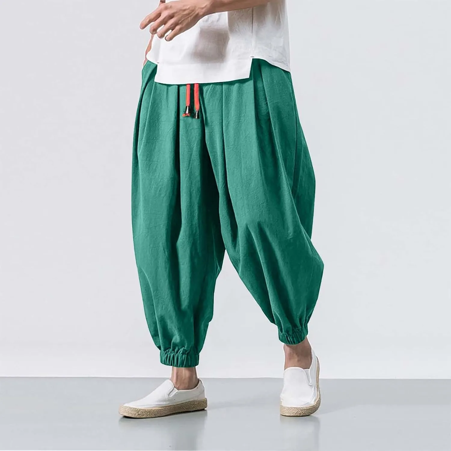 Mens Wide Leg Harem Linen Cotton Pants Japanese Loose Fit Pants Casual Baggy Elastic Waist Trouser Streetwear