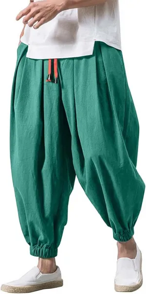 Mens Wide Leg Harem Linen Cotton Pants Japanese Loose Fit Pants Casual Baggy Elastic Waist Trouser Streetwear
