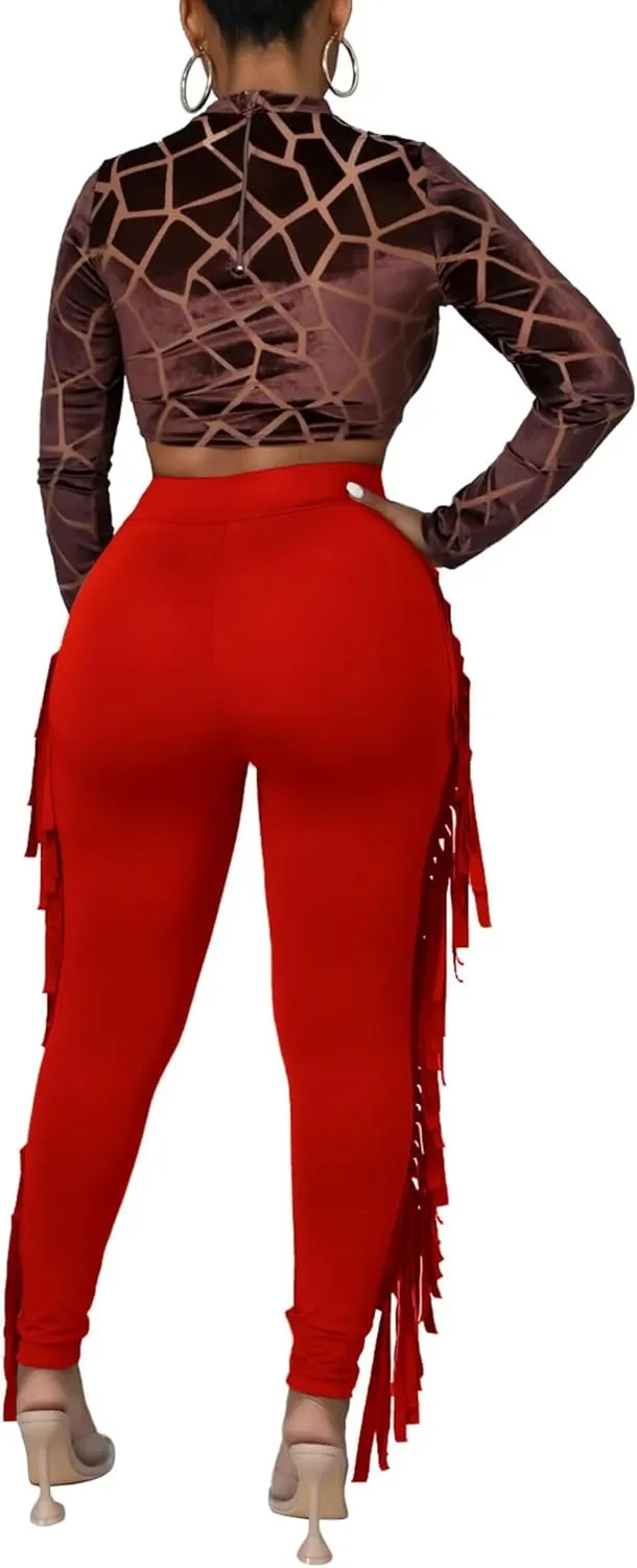 Mintsnow Women's Fringe Pants Casual High Waist Tassel Bodycon Pants Skinny Long Jogger Legging Pants Sweatpants Streetwear