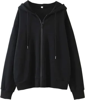 MISSACTIVER Womens Vintage Solid Drawstring Hoodies Zip Up Oversized E-girl 90s Sweatshirt Basic Jacket With Pockets