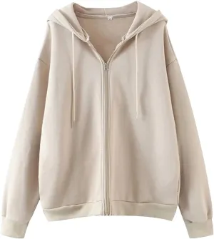MISSACTIVER Womens Vintage Solid Drawstring Hoodies Zip Up Oversized E-girl 90s Sweatshirt Basic Jacket With Pockets