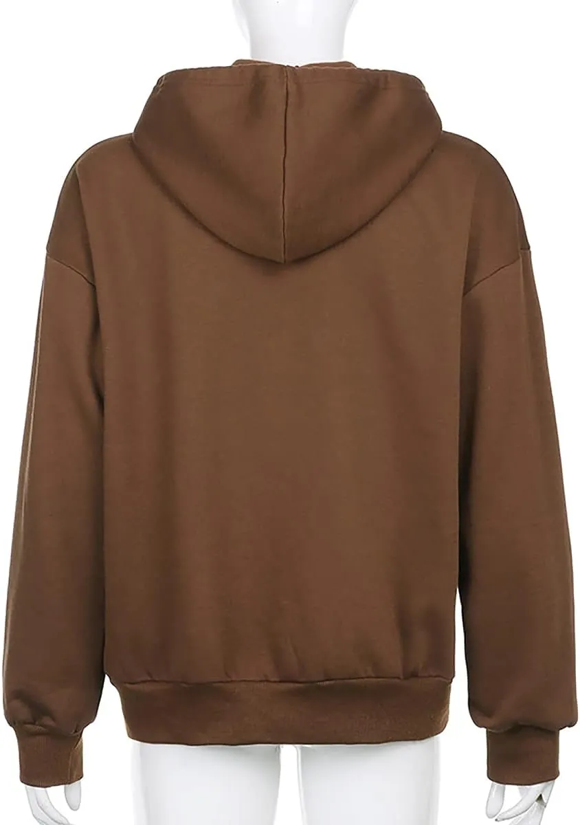 MISSACTIVER Womens Vintage Solid Drawstring Hoodies Zip Up Oversized E-girl 90s Sweatshirt Basic Jacket With Pockets