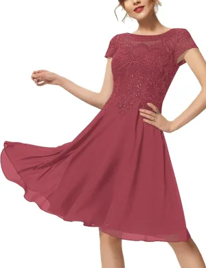 Mother of Bride Dresses Short Sleeve Lace Chiffon 2024 A-Line Scoop Formal Dress Knee-Length Cocktail Dress with Sequins RO63