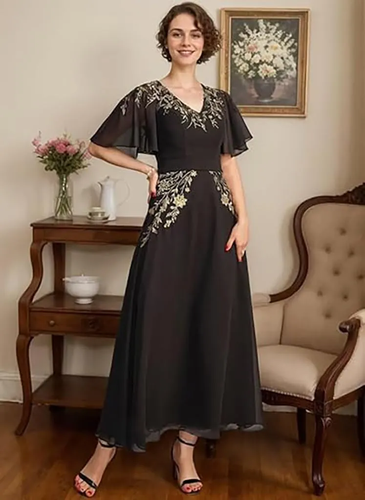 Mother of The Bride Dresses A-line V-Neck Chiffon Wedding Guest Dress with Bow Sequins Short Sleeves Formal Evening Gowns
