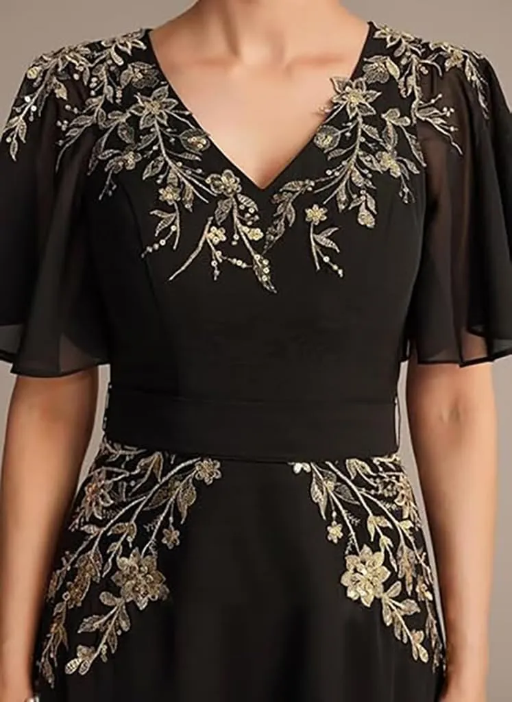 Mother of The Bride Dresses A-line V-Neck Chiffon Wedding Guest Dress with Bow Sequins Short Sleeves Formal Evening Gowns