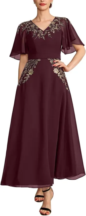 Mother of The Bride Dresses A-line V-Neck Chiffon Wedding Guest Dress with Bow Sequins Short Sleeves Formal Evening Gowns
