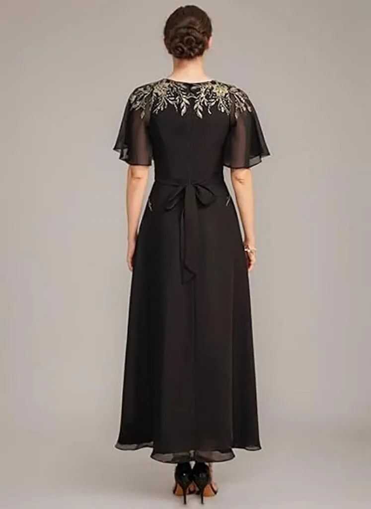 Mother of The Bride Dresses A-line V-Neck Chiffon Wedding Guest Dress with Bow Sequins Short Sleeves Formal Evening Gowns