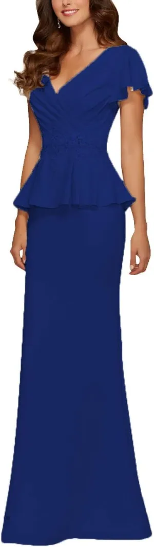 Mother of The Bride Dresses Chiffon Long Formal Evening Gowns Peplum Prom Party Dress Beads Applique RoyalBlue US 30W