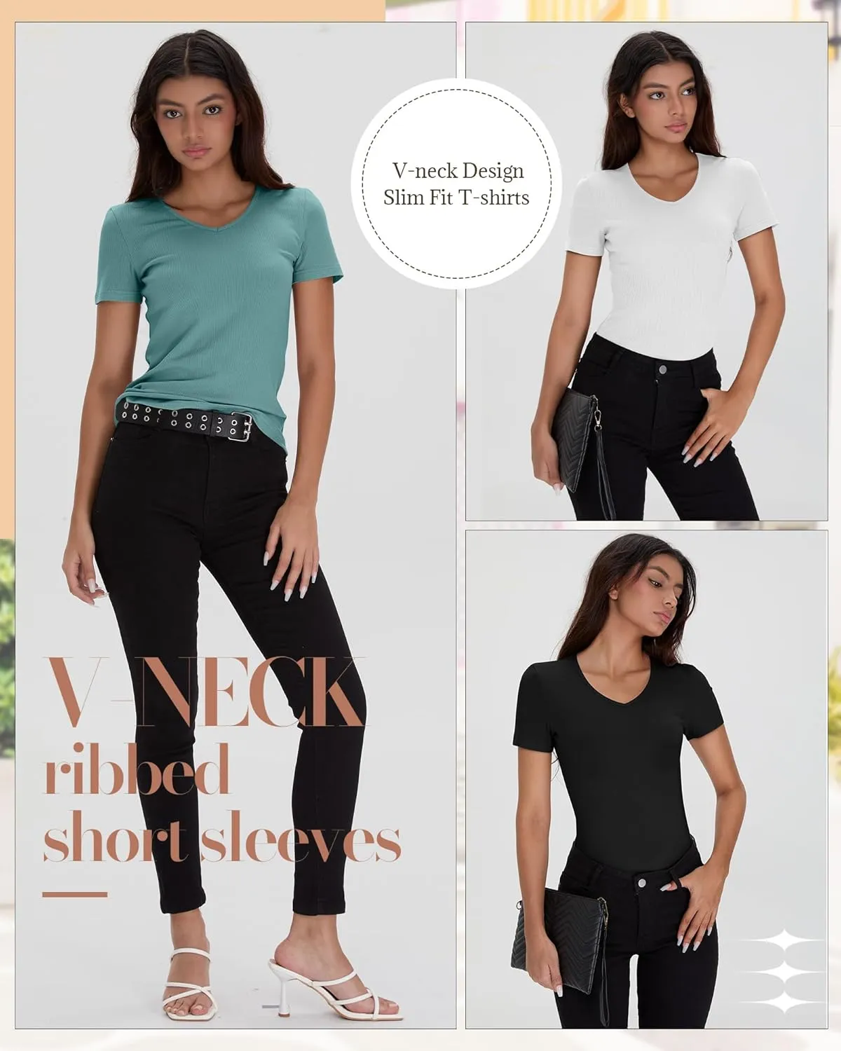 Neer 4 Pack Women's Cotton V Neck T-Shirts Short Sleeve Ribbed Slim Fit Tops Ladies' Casual Summer Basic Tee Multipack