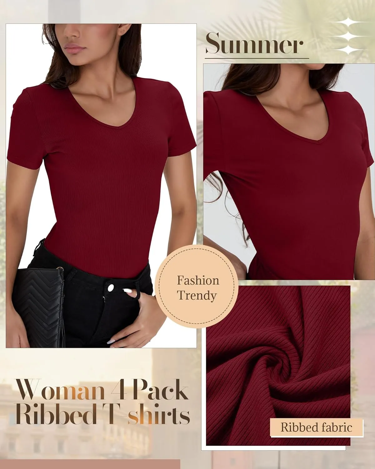 Neer 4 Pack Women's Cotton V Neck T-Shirts Short Sleeve Ribbed Slim Fit Tops Ladies' Casual Summer Basic Tee Multipack