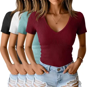 Neer 4 Pack Women's Cotton V Neck T-Shirts Short Sleeve Ribbed Slim Fit Tops Ladies' Casual Summer Basic Tee Multipack