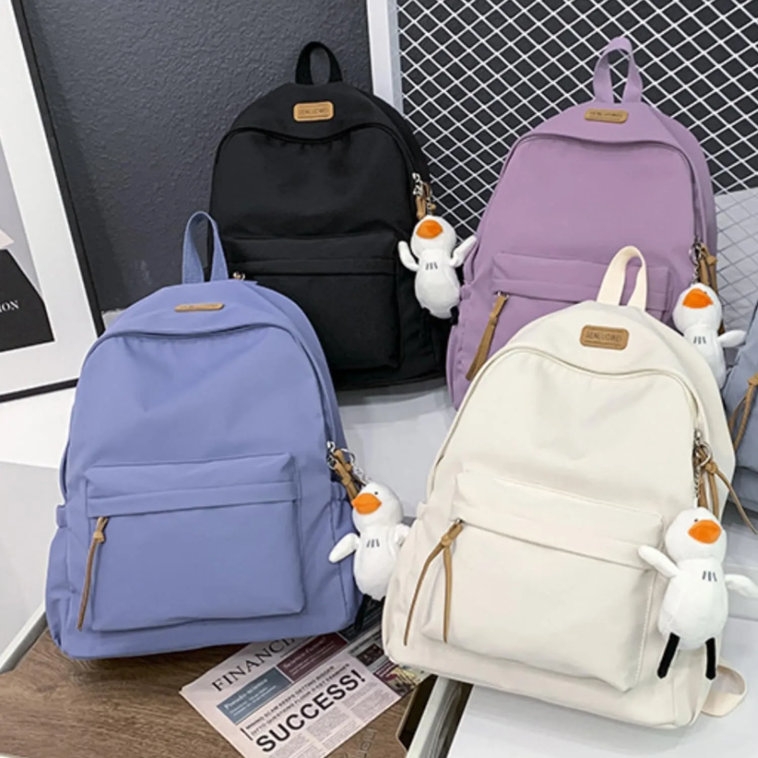 Nylon Backpack for Women Men Cute Pendant Aesthetic Backpack Lightweight Bag 15 Inch Laptop Backpack Casual Backpack (White Pendant,Medium)