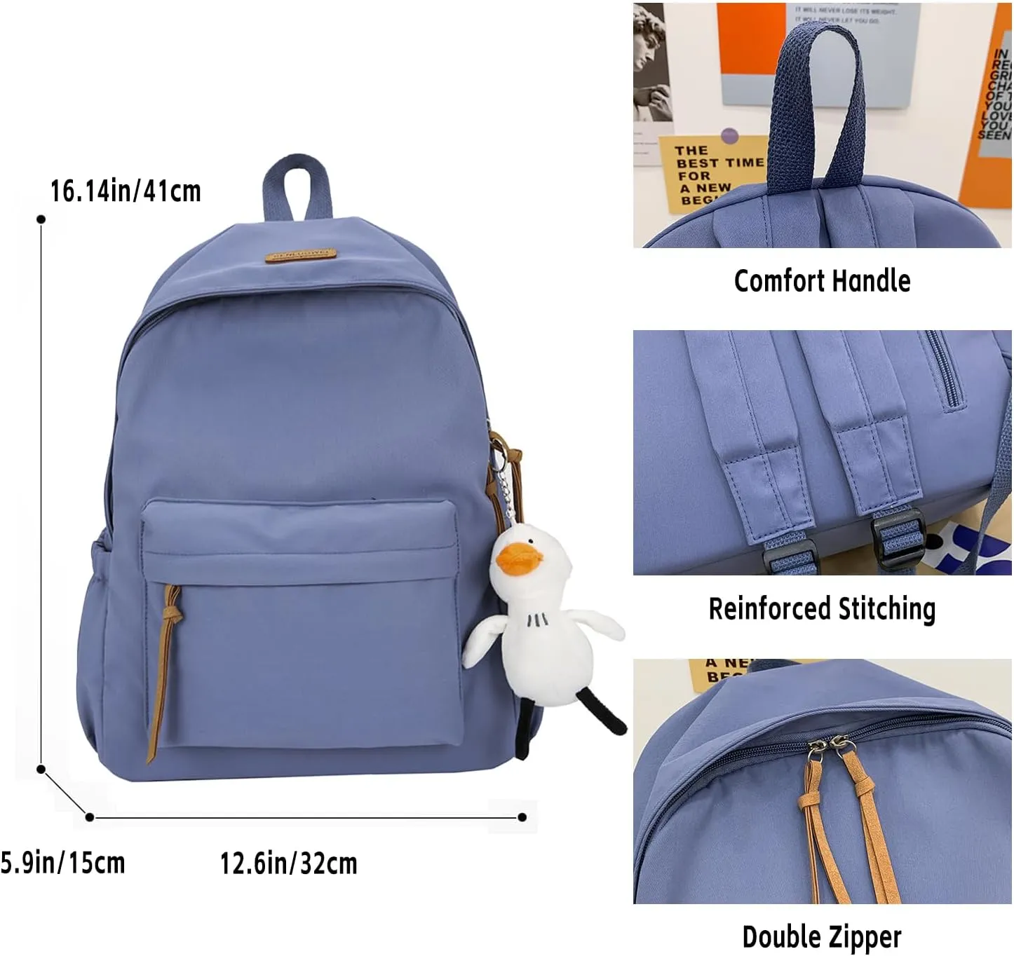 Nylon Backpack for Women Men Cute Pendant Aesthetic Backpack Lightweight Bag 15 Inch Laptop Backpack Casual Backpack (White Pendant,Medium)