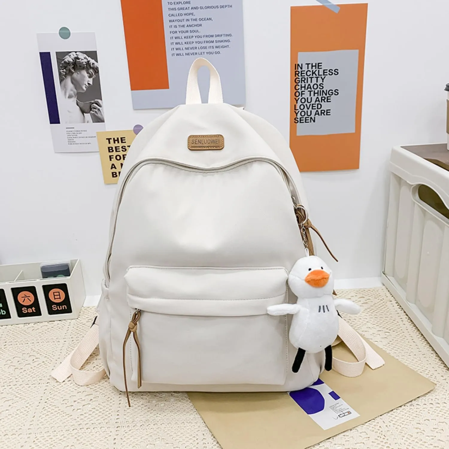 Nylon Backpack for Women Men Cute Pendant Aesthetic Backpack Lightweight Bag 15 Inch Laptop Backpack Casual Backpack (White Pendant,Medium)