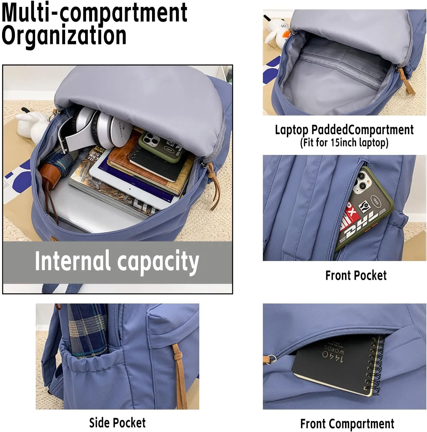 Nylon Backpack for Women Men Cute Pendant Aesthetic Backpack Lightweight Bag 15 Inch Laptop Backpack Casual Backpack (White Pendant,Medium)