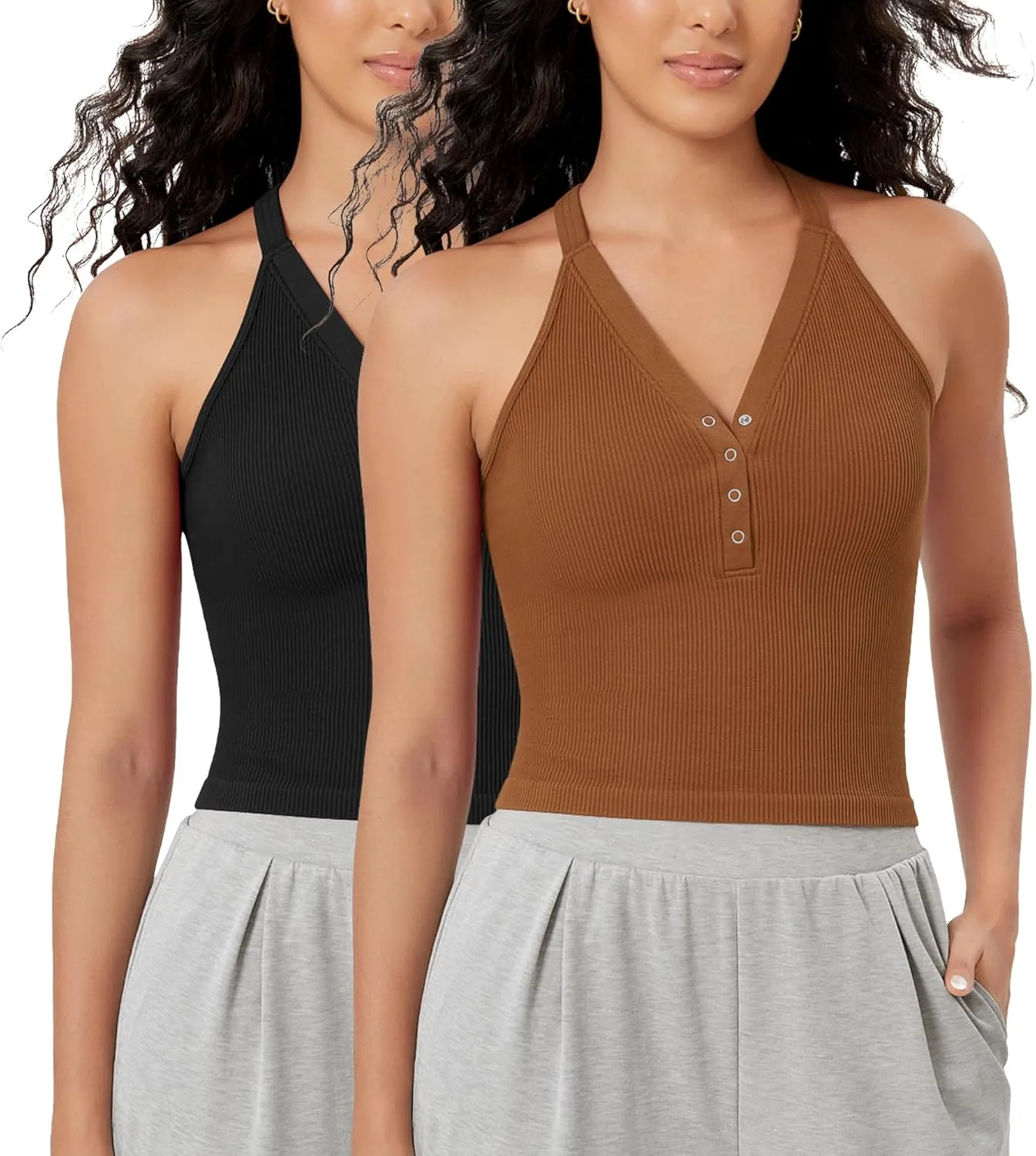 ODODOS 2-Pack Seamless Henley Crop for Women Open Back Ribbed Tank Button-up Cropped Top