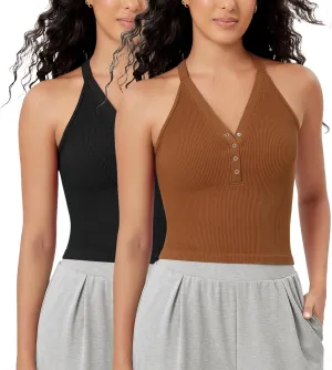 ODODOS 2-Pack Seamless Henley Crop for Women Open Back Ribbed Tank Button-up Cropped Top