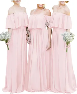 Off The Shoulder Chiffon Bridesmaid Dresses Long A-Line Flowy Formal Party Gowns with Ruffles