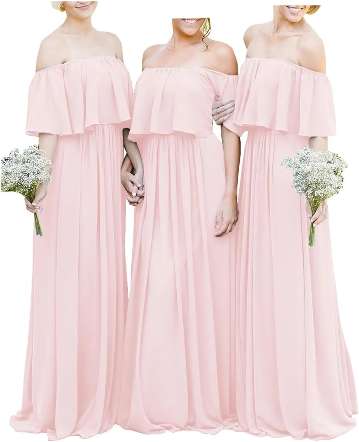 Off The Shoulder Chiffon Bridesmaid Dresses Long A-Line Flowy Formal Party Gowns with Ruffles