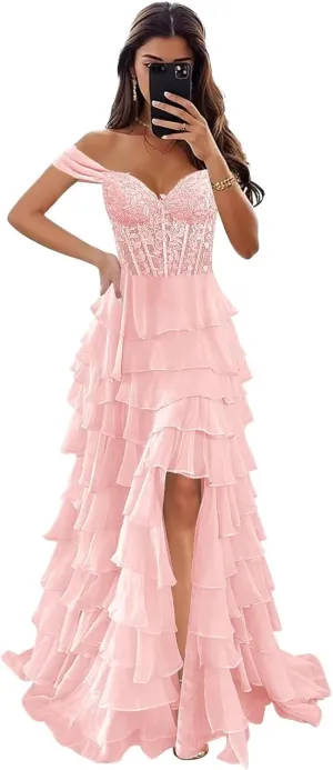 Off The Shoulder Prom Dresses Long Ball Gown with Slit Lace Appliques Tiered Chiffon Formal Evening Gown for Women