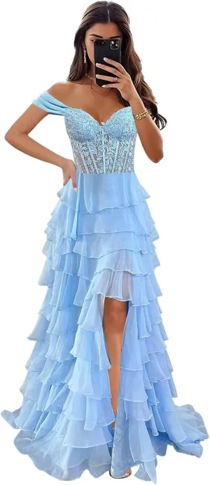 Off The Shoulder Prom Dresses Long Ball Gown with Slit Lace Appliques Tiered Chiffon Formal Evening Gown for Women