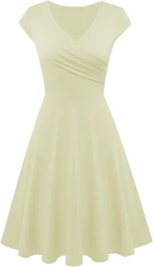 OMZIN Women's Summer 1950s Vintage Dress Wrap V Neck Cap Sleeve Dress Cocktail Swing Dress A-Line Flared Midi Dress