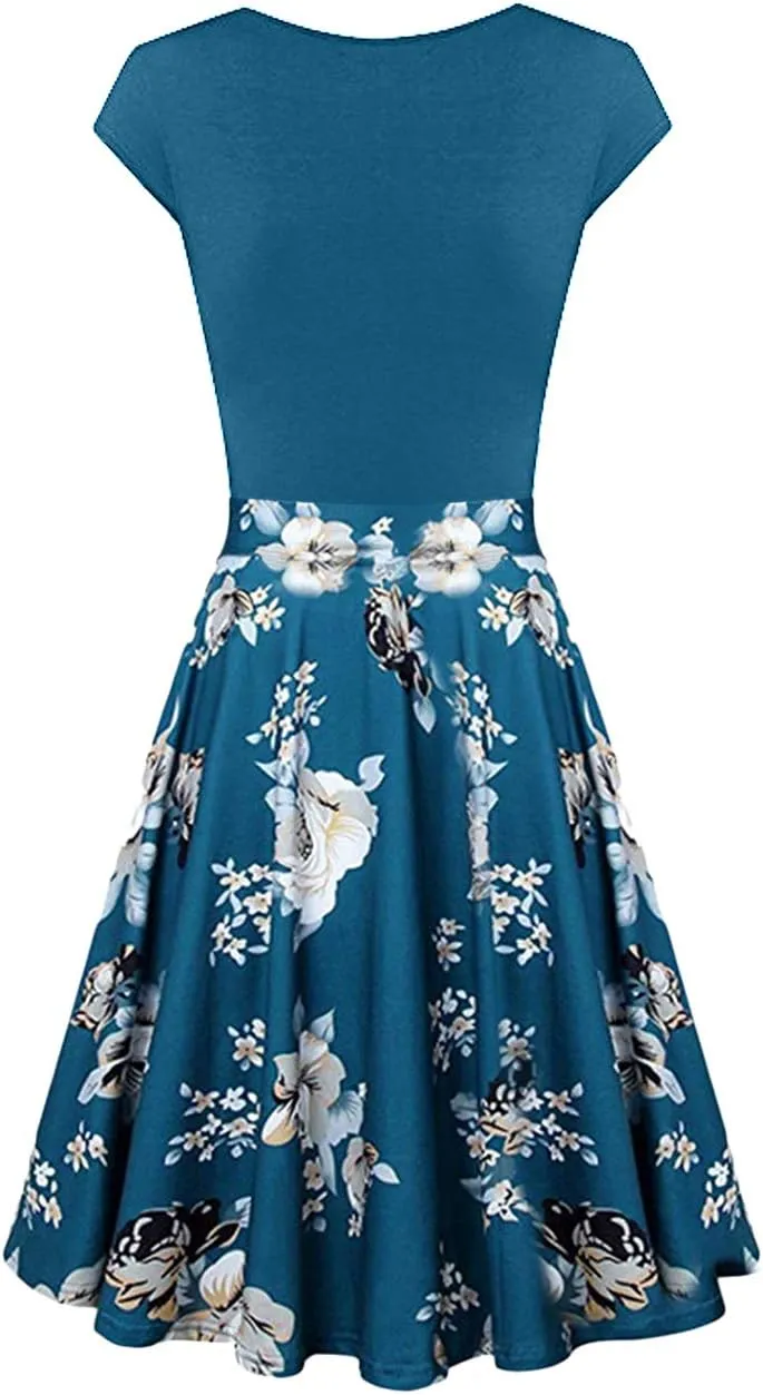 OMZIN Women's Summer 1950s Vintage Dress Wrap V Neck Cap Sleeve Dress Cocktail Swing Dress A-Line Flared Midi Dress