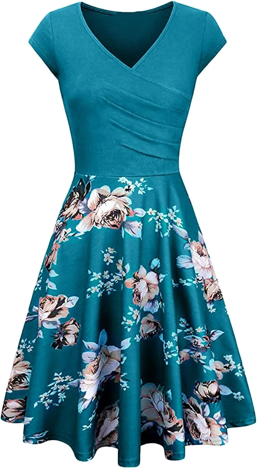 OMZIN Women's Summer 1950s Vintage Dress Wrap V Neck Cap Sleeve Dress Cocktail Swing Dress A-Line Flared Midi Dress
