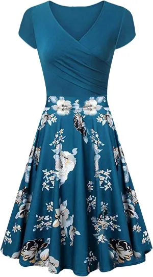 OMZIN Women's Summer 1950s Vintage Dress Wrap V Neck Cap Sleeve Dress Cocktail Swing Dress A-Line Flared Midi Dress
