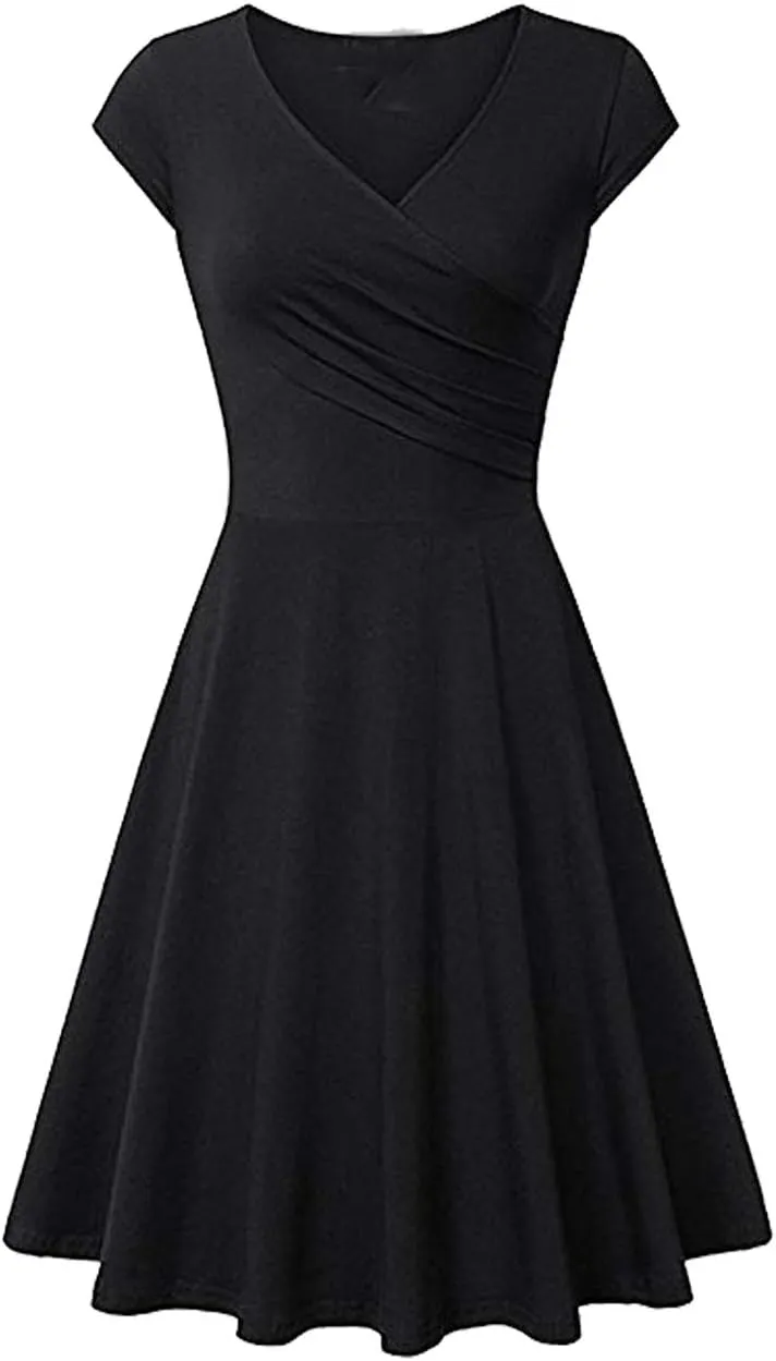 OMZIN Women's Summer 1950s Vintage Dress Wrap V Neck Cap Sleeve Dress Cocktail Swing Dress A-Line Flared Midi Dress
