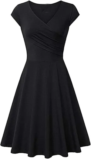OMZIN Women's Summer 1950s Vintage Dress Wrap V Neck Cap Sleeve Dress Cocktail Swing Dress A-Line Flared Midi Dress