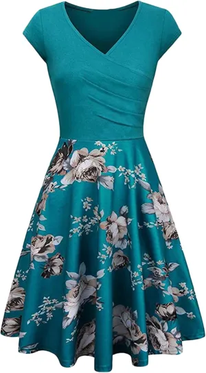 OMZIN Women's Summer 1950s Vintage Dress Wrap V Neck Cap Sleeve Dress Cocktail Swing Dress A-Line Flared Midi Dress