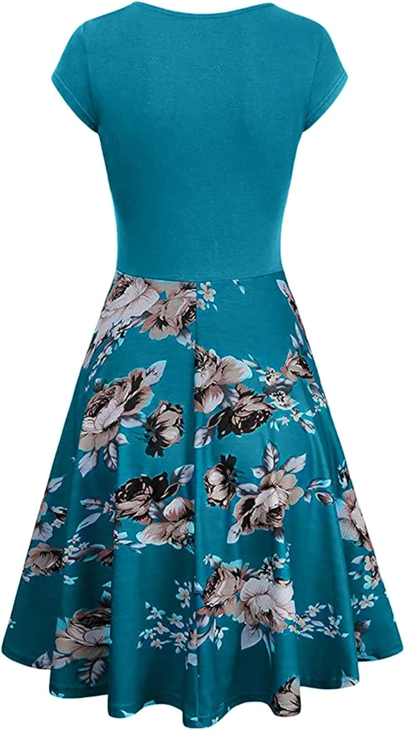 OMZIN Women's Summer 1950s Vintage Dress Wrap V Neck Cap Sleeve Dress Cocktail Swing Dress A-Line Flared Midi Dress
