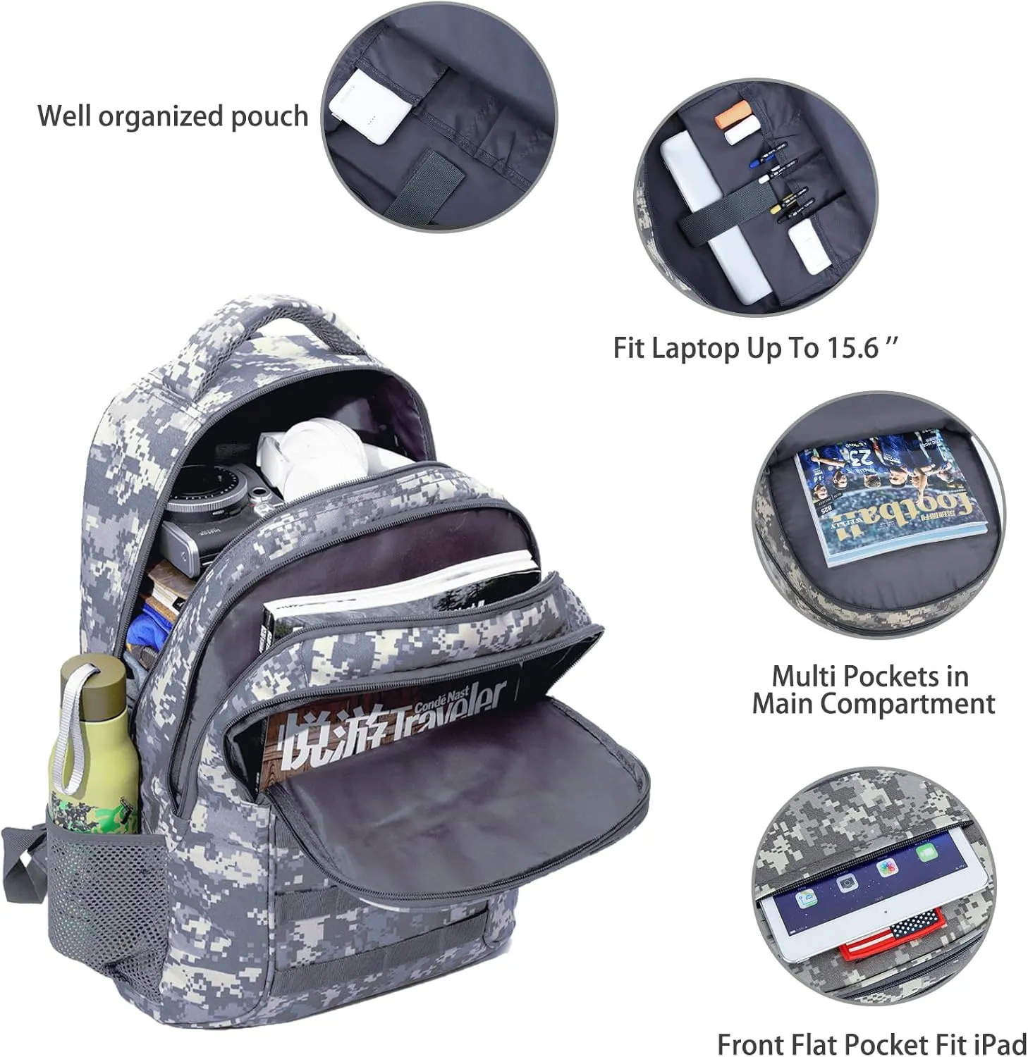 outdoor plus Camo Backpack,Military Boys Backpacks for School,Army Bookbag with USB Charging Port,30l/40L