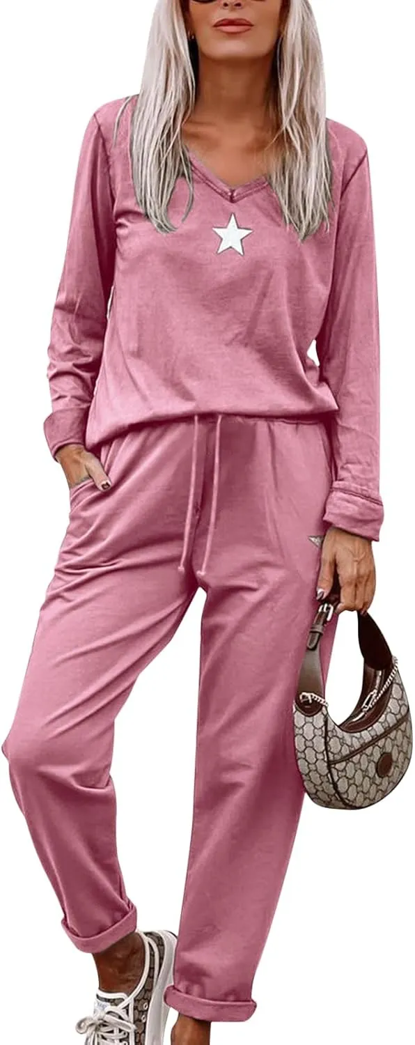 Paintcolors Women's 2 Piece Outfit Long Sleeve Crewneck Tracksuit Solid Color Sweatsuit Lounge Matching Set with Pockets