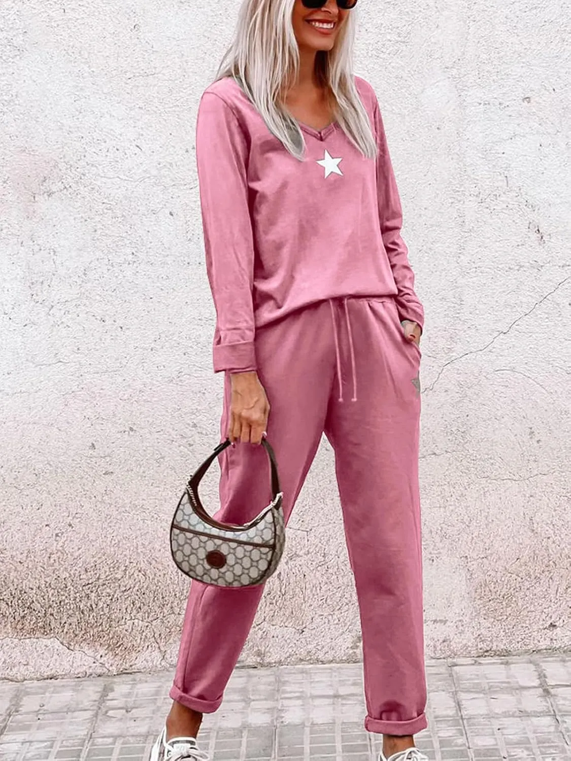 Paintcolors Women's 2 Piece Outfit Long Sleeve Crewneck Tracksuit Solid Color Sweatsuit Lounge Matching Set with Pockets