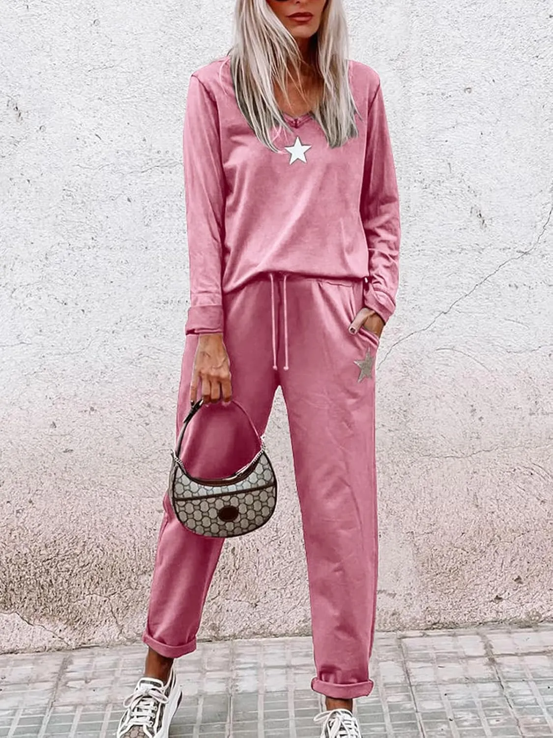 Paintcolors Women's 2 Piece Outfit Long Sleeve Crewneck Tracksuit Solid Color Sweatsuit Lounge Matching Set with Pockets