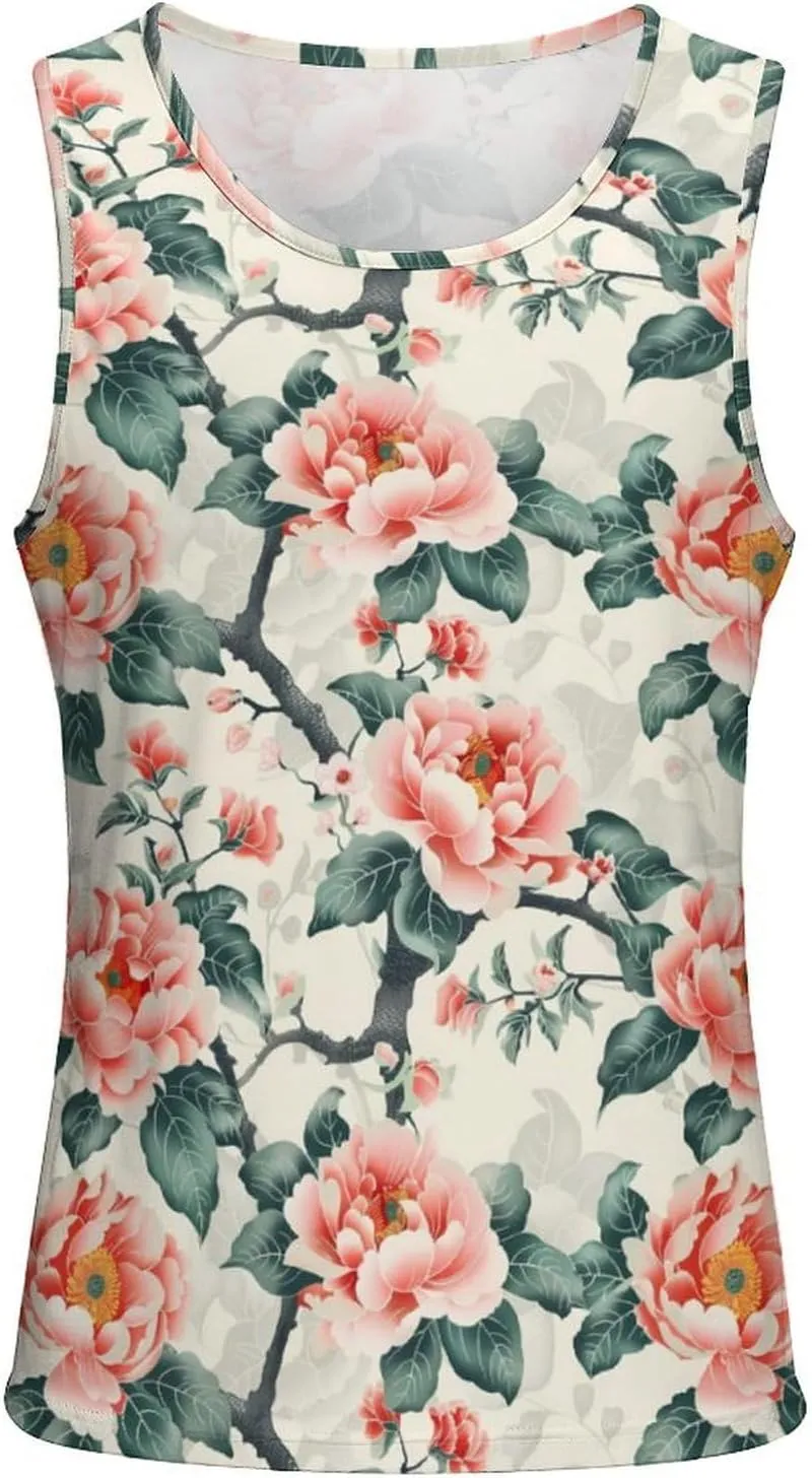 Peony Flowers Men's Tank Tops Summer Sleeveless T-Shirts Gym Workout Tee Casual Beach Tee