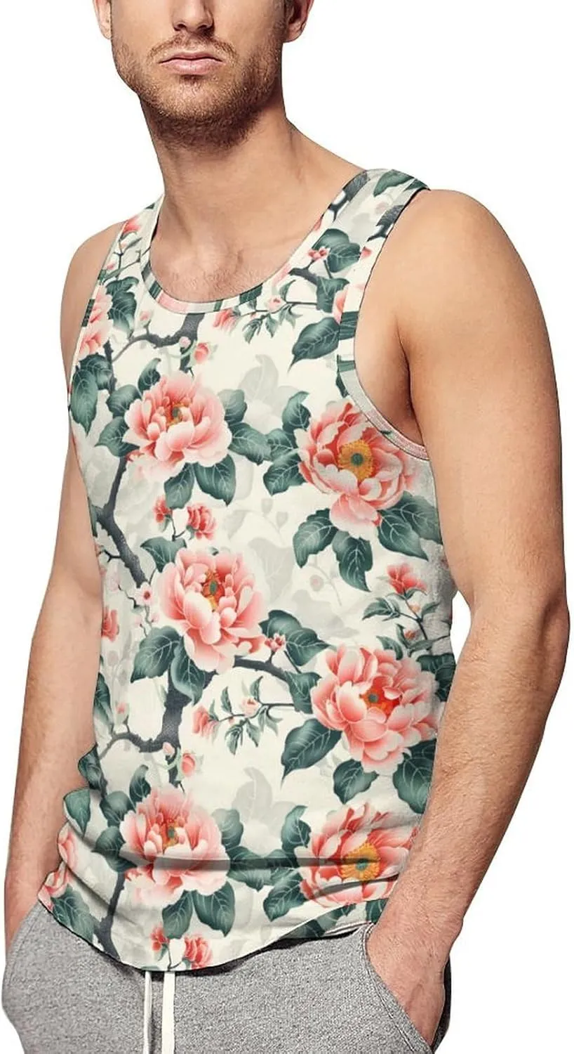 Peony Flowers Men's Tank Tops Summer Sleeveless T-Shirts Gym Workout Tee Casual Beach Tee