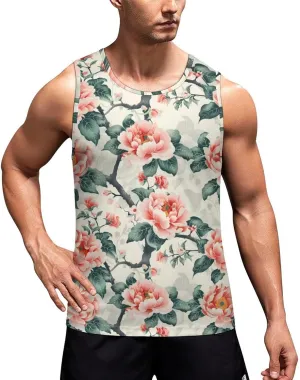 Peony Flowers Men's Tank Tops Summer Sleeveless T-Shirts Gym Workout Tee Casual Beach Tee