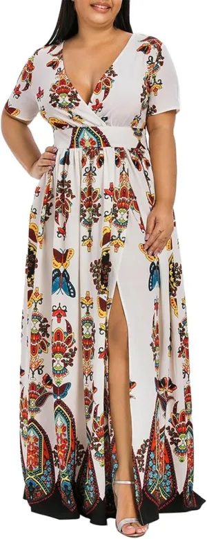 Plus Size Dresses for Curvy Women,2024 Spring Summer Elegant Wrap V Neck Bodycon Maxi Dress,Trendy Vintage Floral Print Short Sleeve Boho Dress,Flowy Ruched High Slit Beach Dress(D-White,XL)