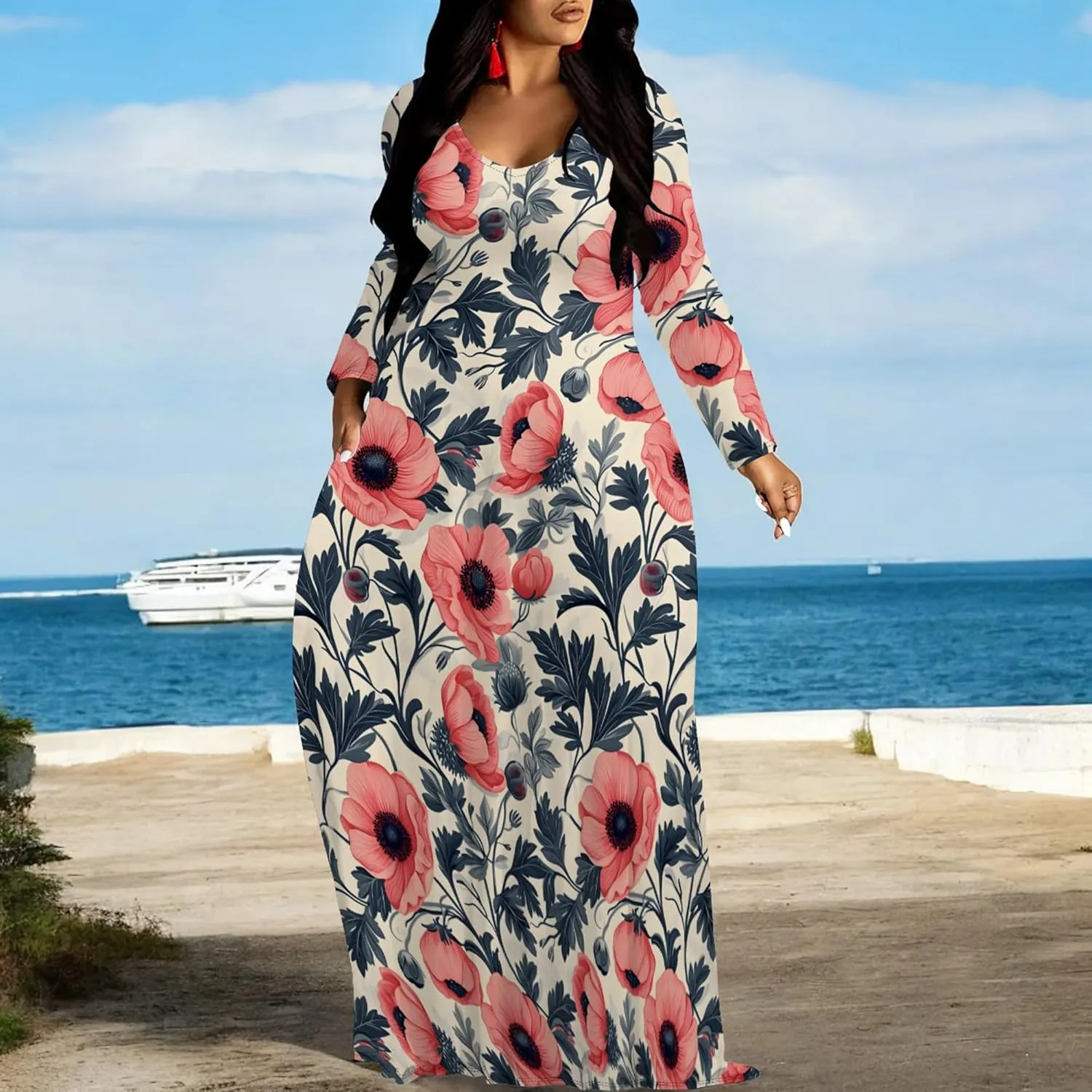 Plus Size Maxi Long Dress Sexy Outfits for Women Printed Loose Cute Dress