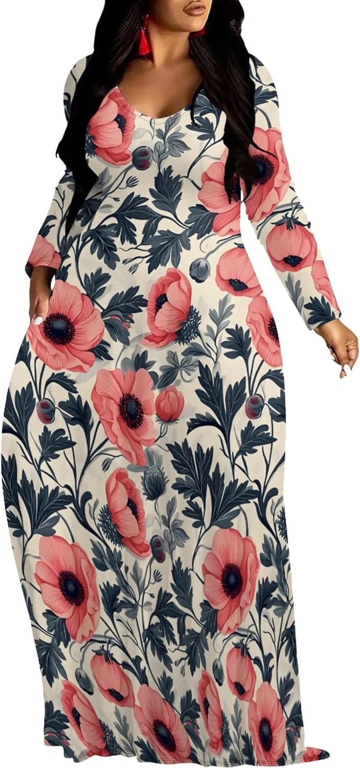 Plus Size Maxi Long Dress Sexy Outfits for Women Printed Loose Cute Dress