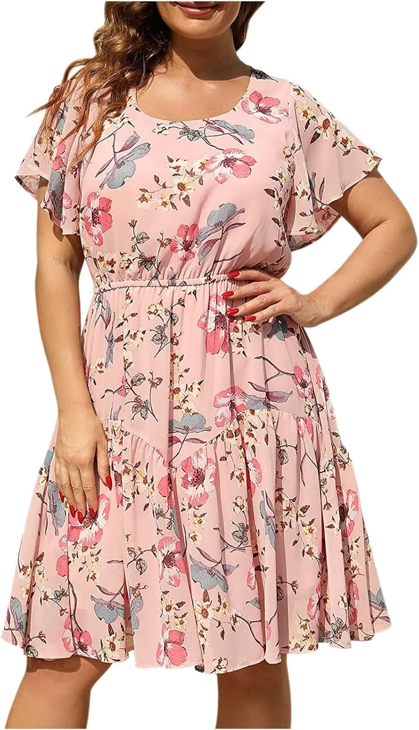 Plus Size Women's Boho Swing Dress Short Ruffle Sleeve Scoop Neck Floral Casual Dress Pleated Loose Mini Sun Dresses