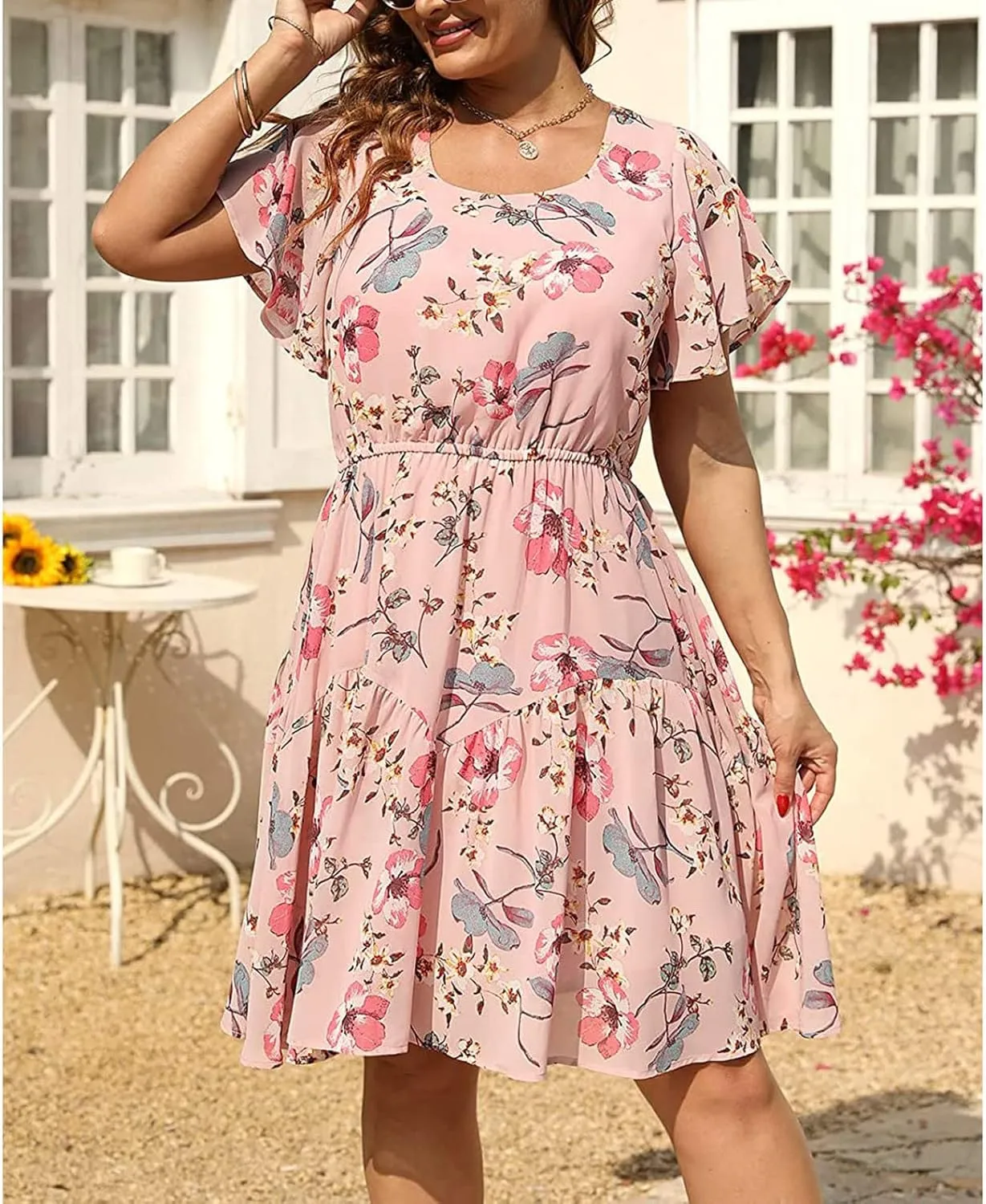 Plus Size Women's Boho Swing Dress Short Ruffle Sleeve Scoop Neck Floral Casual Dress Pleated Loose Mini Sun Dresses